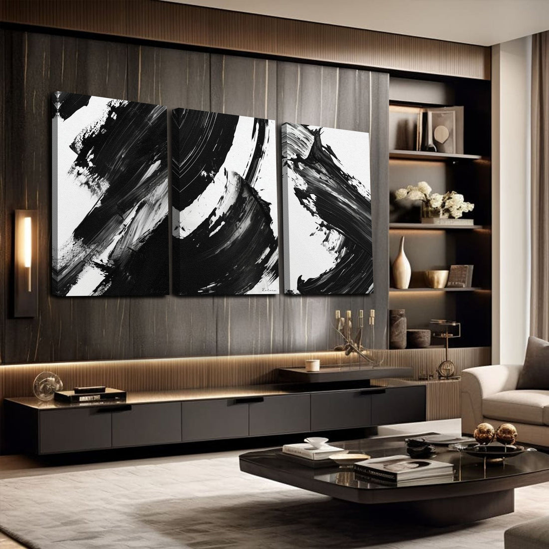 Tableaux décoratifs Pack - La touche abstraite Noir et Blanc Tryptique - kolors brand