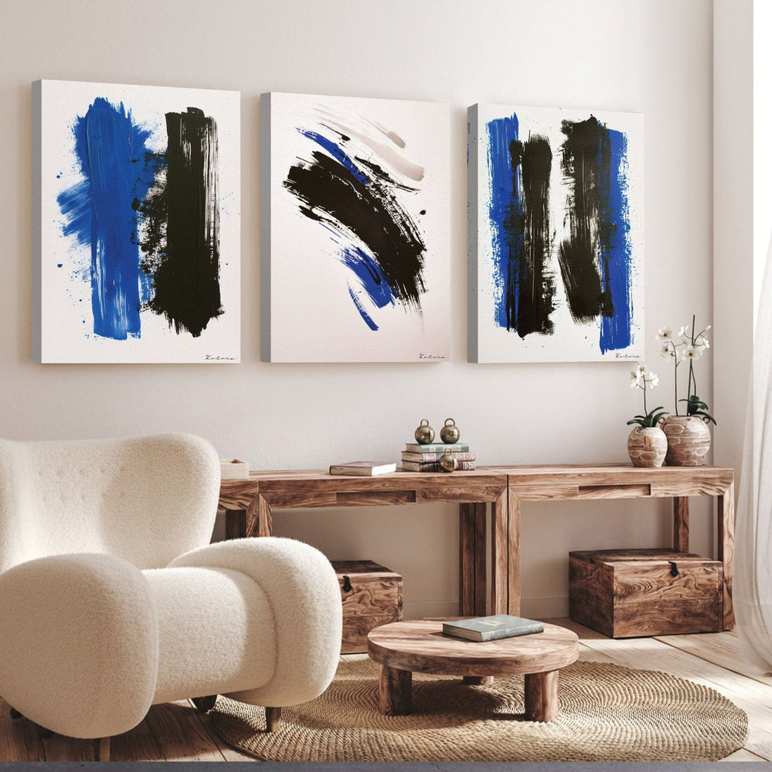Tableaux décoratifs Pack - La touche abstraite Noire et Bleue Tryptique - kolors brand